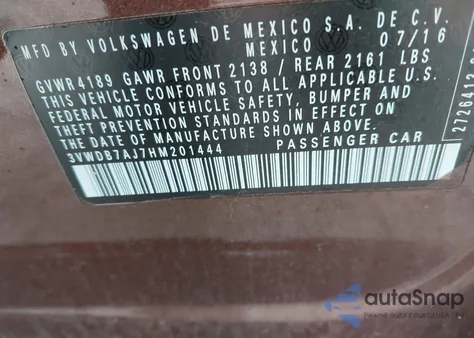 2017 Volkswagen Jetta 1.4T Se z USA, uszkodzony, nr VIN 3VWDB7AJ7HM201444